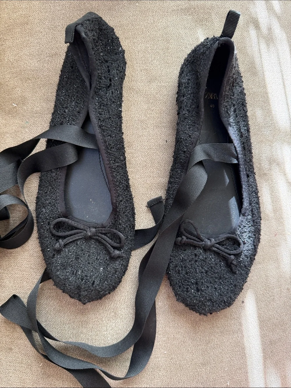 Black texture ribbon Ballet Tie-Up Flats boucle tweed 40